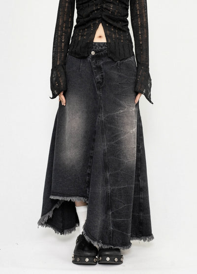 【ZERO STORE】Asymmetrical length design fringe style denim skirt  ZS0075