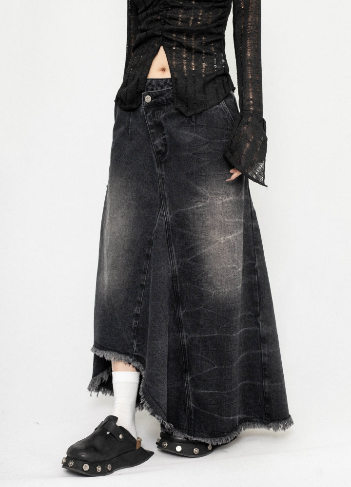 【ZERO STORE】Asymmetrical length design fringe style denim skirt  ZS0075