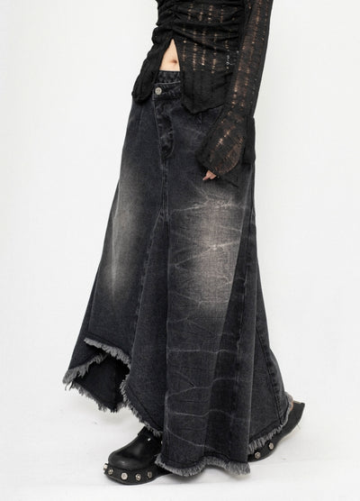 【ZERO STORE】Asymmetrical length design fringe style denim skirt  ZS0075