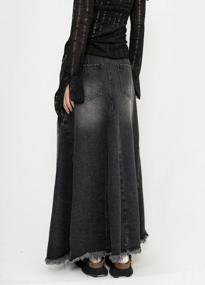 【ZERO STORE】Asymmetrical length design fringe style denim skirt  ZS0075