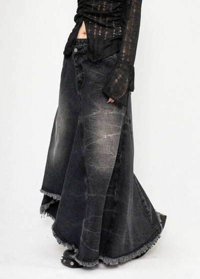 【ZERO STORE】Asymmetrical length design fringe style denim skirt  ZS0075