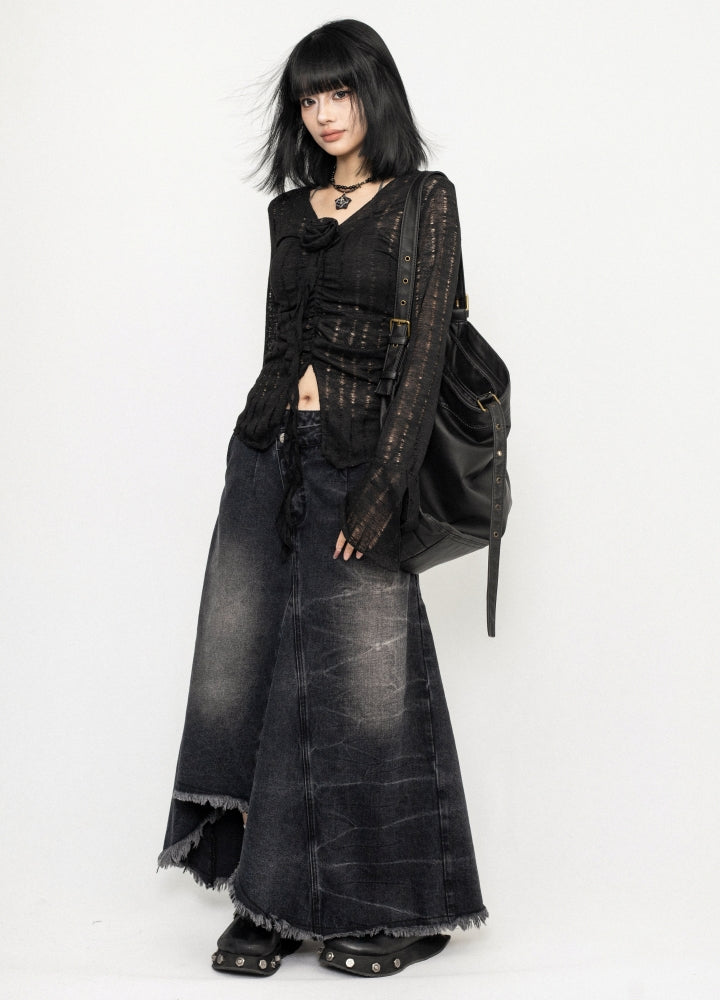 【ZERO STORE】Asymmetrical length design fringe style denim skirt  ZS0075