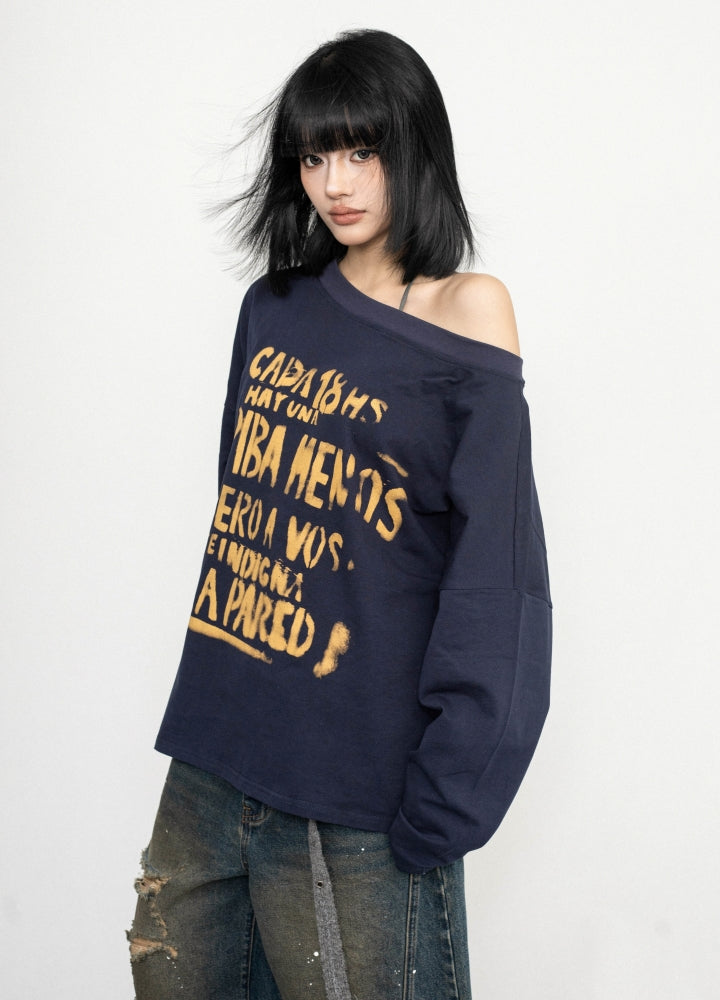 【ZERO STORE】Asymmetrical design front initial casual long sleeve T-shirt  ZS0076