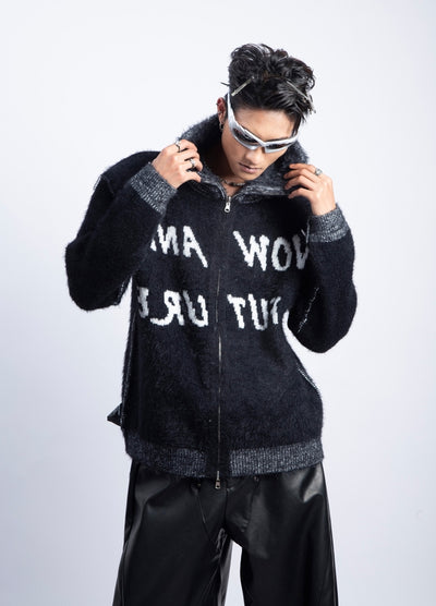 【PLAN1ONE】Double zip front design washed knit sweater  PL0058