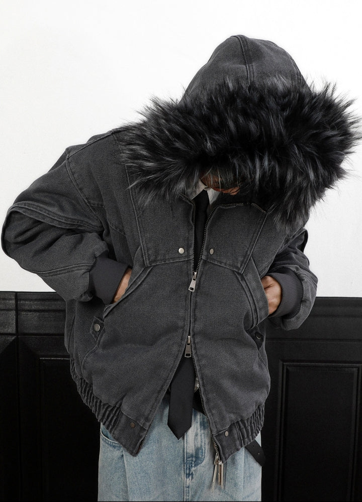 【MR nearly】Fur hoodie design double zip silhouette jacket  MR0149