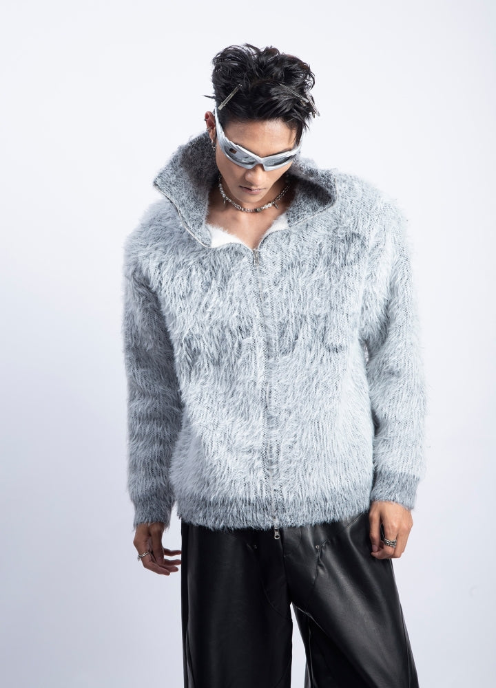 【PLAN1ONE】Double zip front design washed knit sweater  PL0058