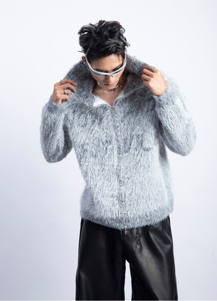 【PLAN1ONE】Double zip front design washed knit sweater  PL0058