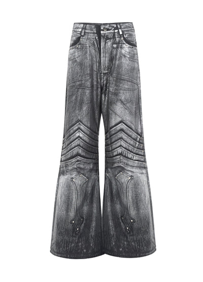 【STARTEXCEEDEND】Armor-like silver design wide silhouette glossy denim pants  SC0008