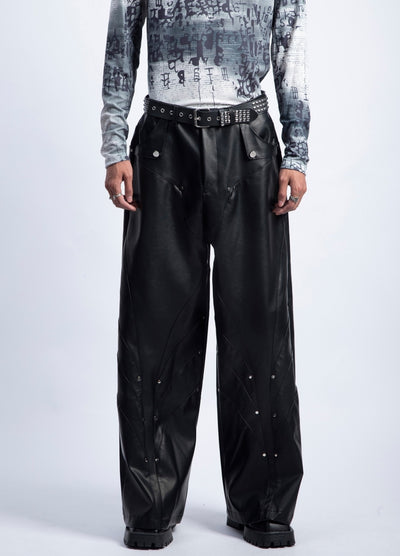 【PLAN1ONE】Simple design wide flare silhouette black leather pants  PL0059