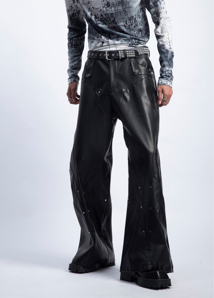 【PLAN1ONE】Simple design wide flare silhouette black leather pants  PL0059