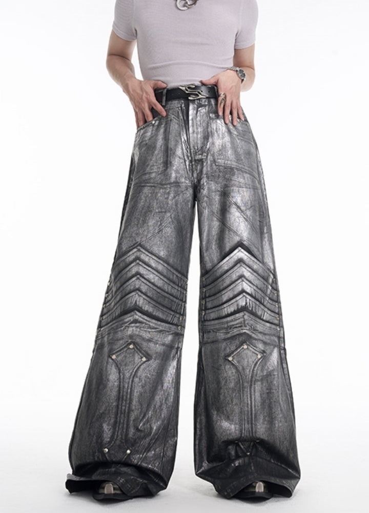 【STARTEXCEEDEND】Armor-like silver design wide silhouette glossy denim pants  SC0008