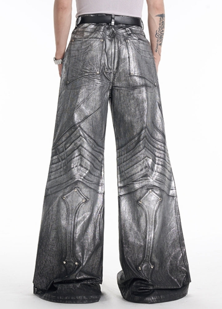 【STARTEXCEEDEND】Armor-like silver design wide silhouette glossy denim pants  SC0008