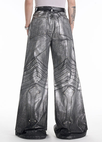 【STARTEXCEEDEND】Armor-like silver design wide silhouette glossy denim pants  SC0008