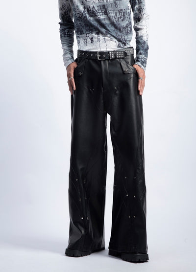 【PLAN1ONE】Simple design wide flare silhouette black leather pants  PL0059