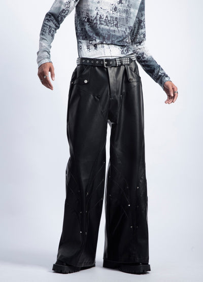 【PLAN1ONE】Simple design wide flare silhouette black leather pants  PL0059