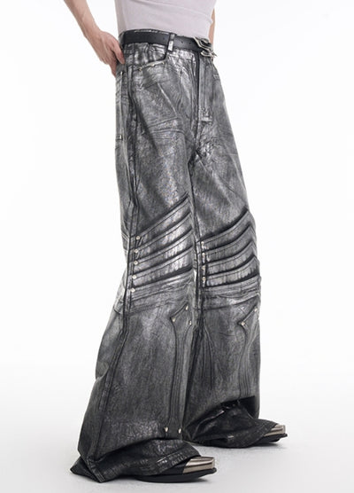 【STARTEXCEEDEND】Armor-like silver design wide silhouette glossy denim pants  SC0008