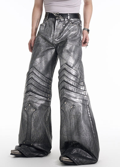 【STARTEXCEEDEND】Armor-like silver design wide silhouette glossy denim pants  SC0008