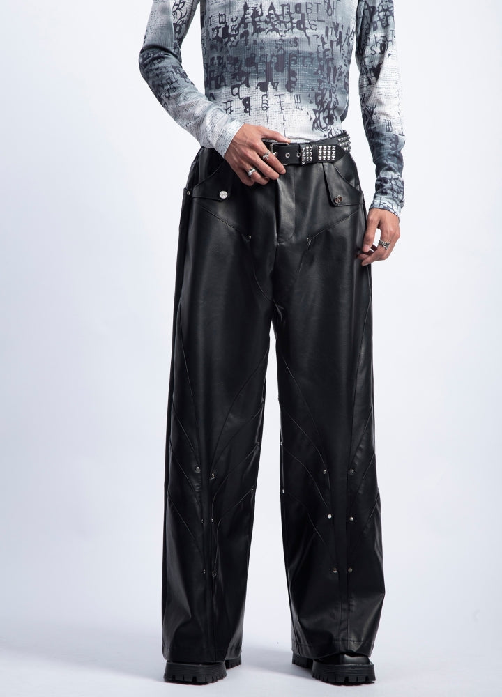 【PLAN1ONE】Simple design wide flare silhouette black leather pants  PL0059