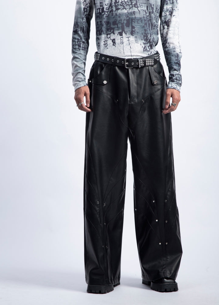 【PLAN1ONE】Simple design wide flare silhouette black leather pants  PL0059