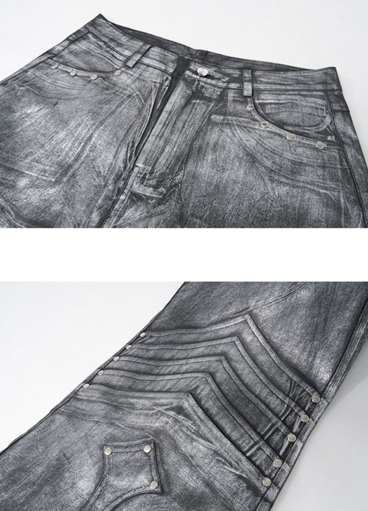 【STARTEXCEEDEND】Armor-like silver design wide silhouette glossy denim pants  SC0008