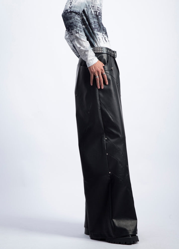 【PLAN1ONE】Simple design wide flare silhouette black leather pants  PL0059