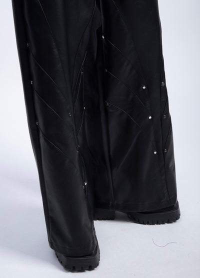 【PLAN1ONE】Simple design wide flare silhouette black leather pants  PL0059