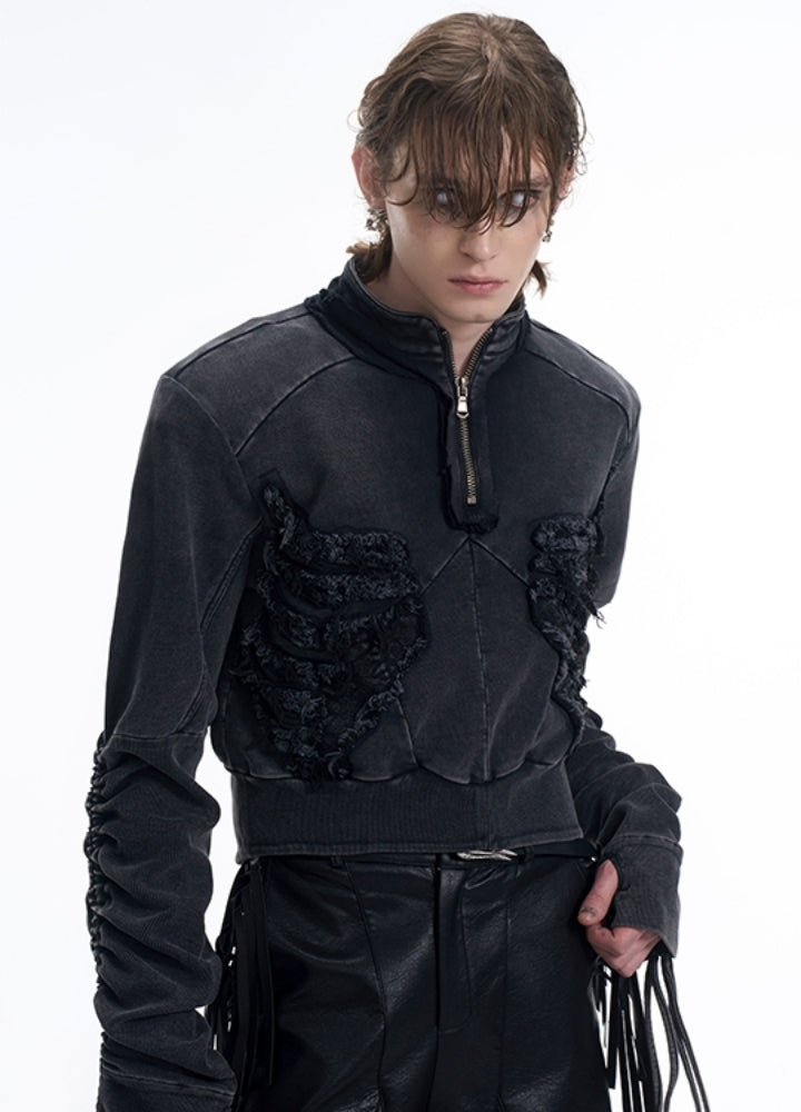 【STARTEXCEEDEND】Half-zip dark gray short-length silhouette long-sleeved T-shirt  SC0009