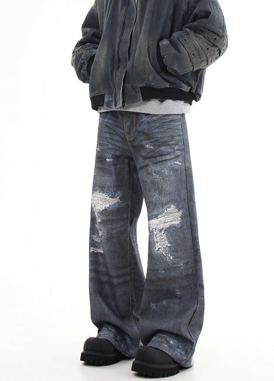 【Blacklists】Navy blue distressed wide denim pants  BL0028