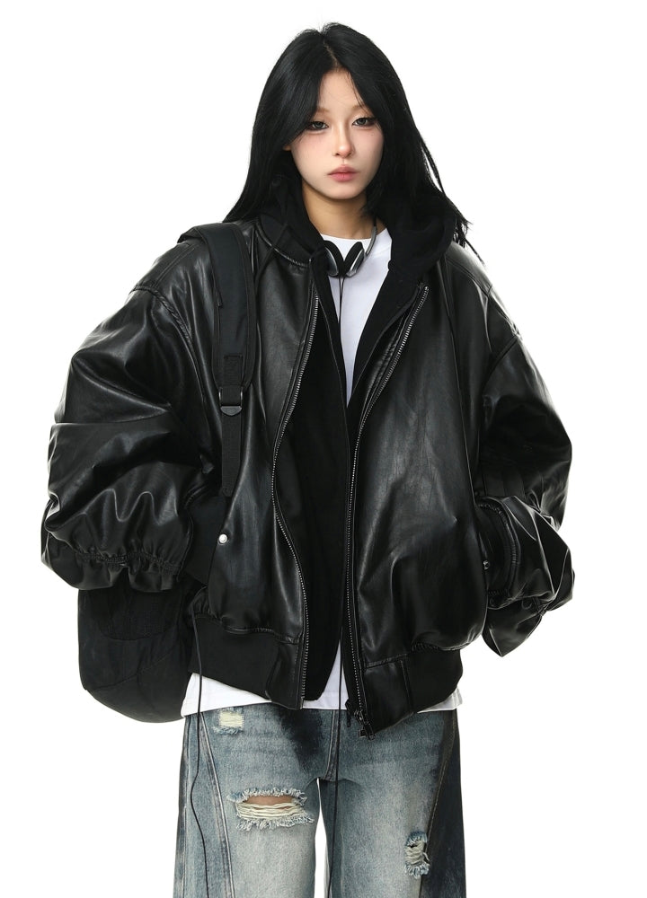 【12/2新作】Wide over silhouette black synthetic leather jacket  HL3107