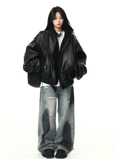 【12/2新作】Wide over silhouette black synthetic leather jacket  HL3107