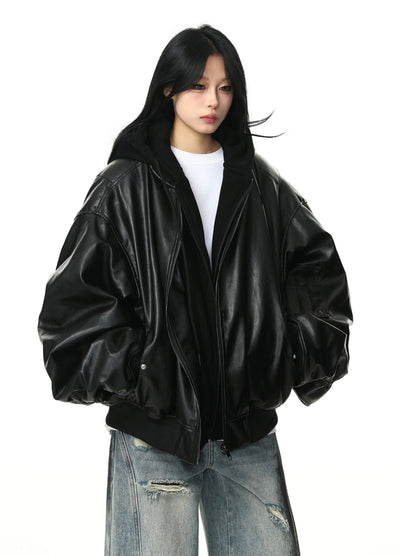 【12/2新作】Wide over silhouette black synthetic leather jacket  HL3107