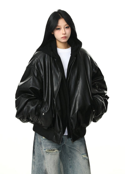 【12/2新作】Wide over silhouette black synthetic leather jacket  HL3107