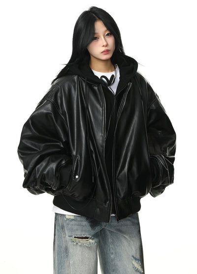 【12/2新作】Wide over silhouette black synthetic leather jacket  HL3107