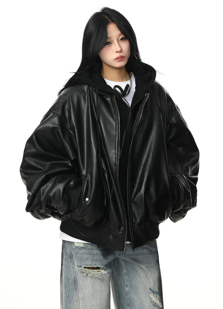 Wide over silhouette black synthetic leather jacket HL3107