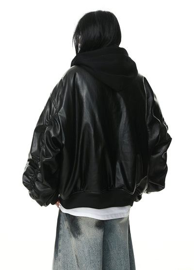 【12/2新作】Wide over silhouette black synthetic leather jacket  HL3107