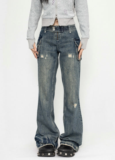 【ZERO STORE】Flared straight silhouette vintage grunge denim pants  ZS0068