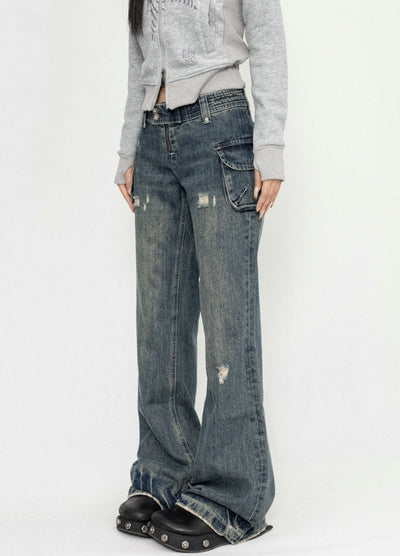 【ZERO STORE】Flared straight silhouette vintage grunge denim pants  ZS0068