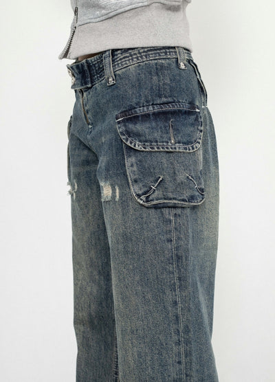 【ZERO STORE】Flared straight silhouette vintage grunge denim pants  ZS0068