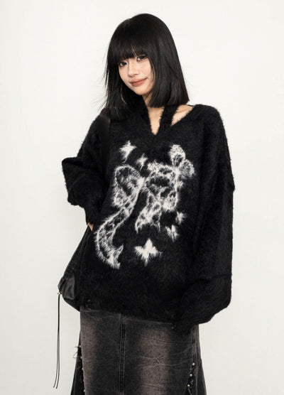 【ZERO STORE】Front butterfly design neck wool knit sweater  ZS0072