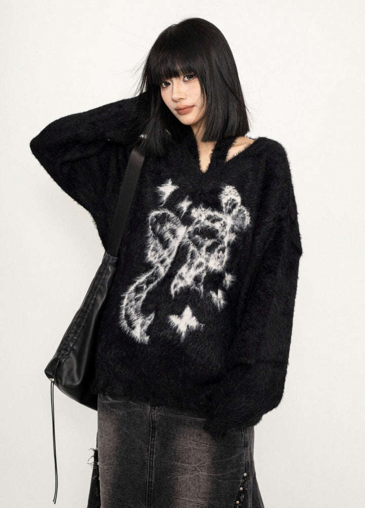 【ZERO STORE】Front butterfly design neck wool knit sweater  ZS0072