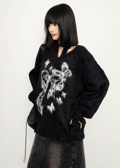 【ZERO STORE】Front butterfly design neck wool knit sweater  ZS0072