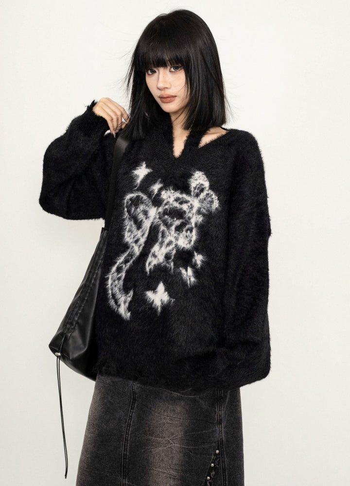 【ZERO STORE】Front butterfly design neck wool knit sweater  ZS0072