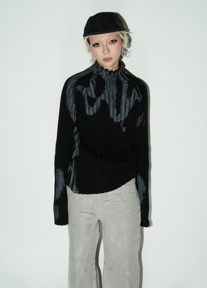 【MICHINNYON】Front wave paint finish tight silhouette knit sweater  MY0012