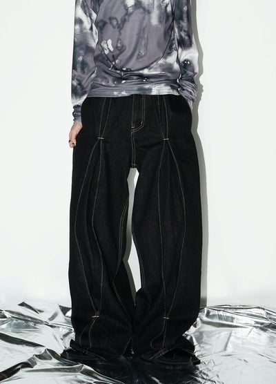 【MICHINNYON】Front zipper stitch line design monochrome wide pants  MY0013