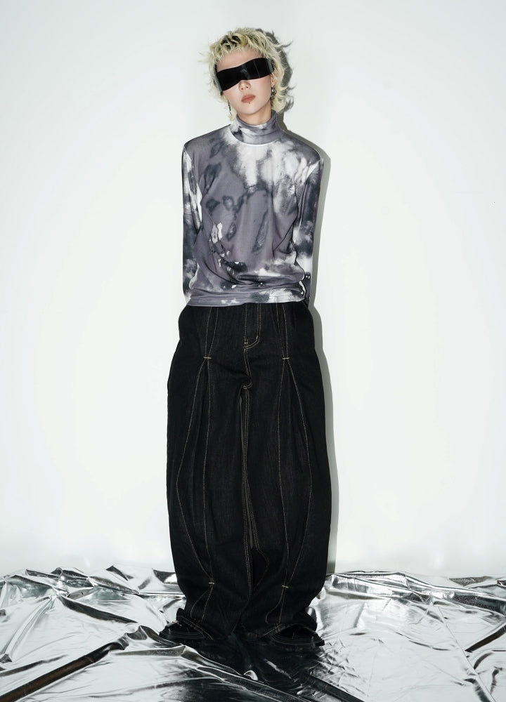 【MICHINNYON】Front zipper stitch line design monochrome wide pants  MY0013