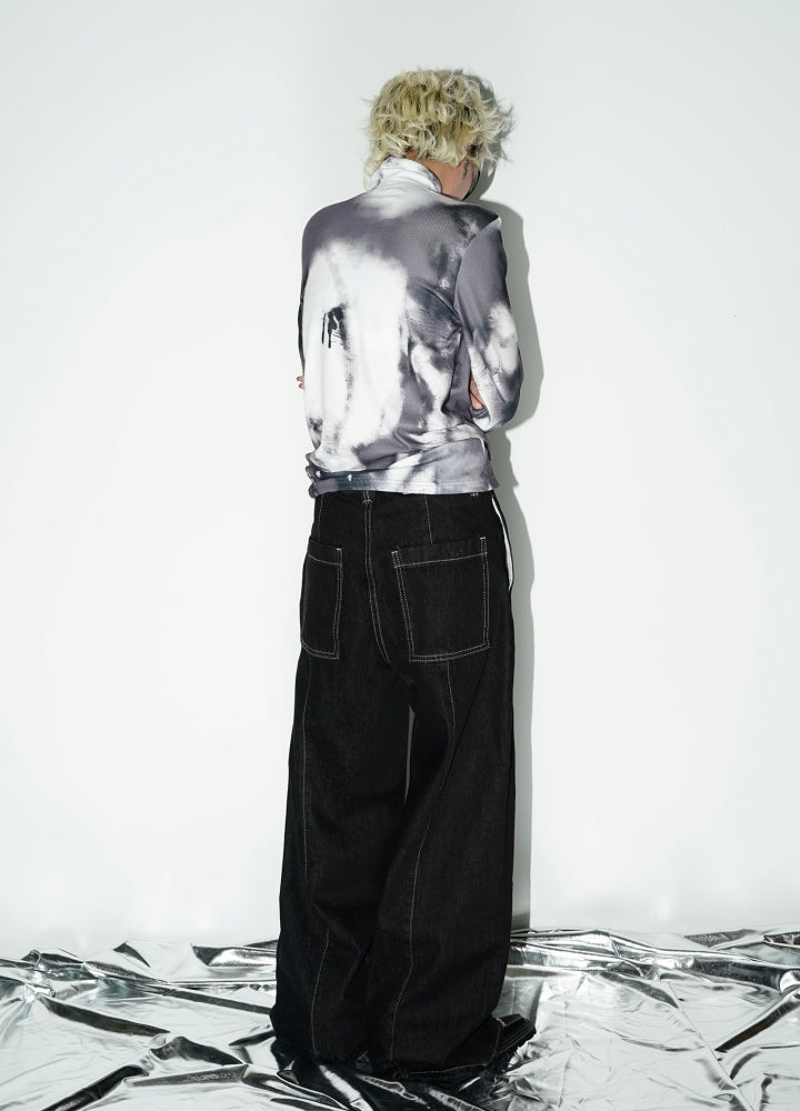 【MICHINNYON】Front zipper stitch line design monochrome wide pants  MY0013