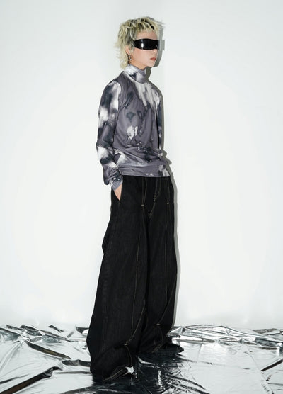 【MICHINNYON】Front zipper stitch line design monochrome wide pants  MY0013