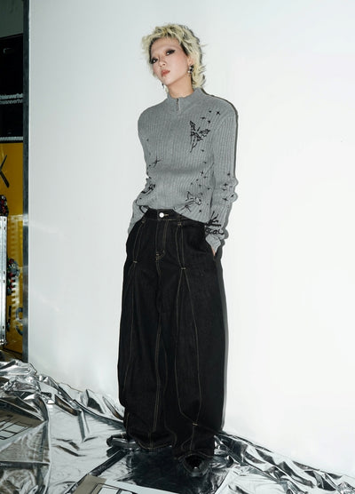 【MICHINNYON】Front zipper stitch line design monochrome wide pants  MY0013