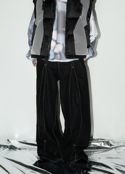 【MICHINNYON】Front zipper stitch line design monochrome wide pants  MY0013