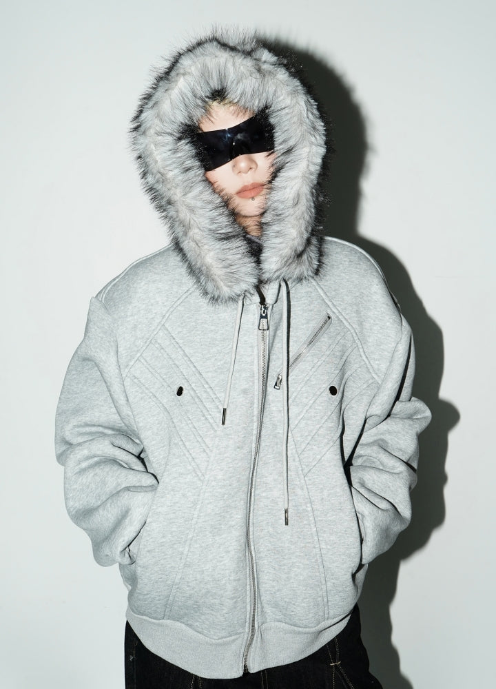 【MICHINNYON】Faux fur short silhouette sweatshirt style hoodie jacket  MY0014